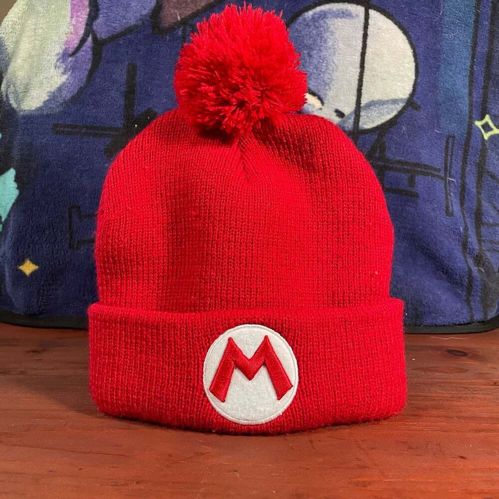Nintendo Super Mario Bros. Red Knit Pom Beanie Hat with M Logo